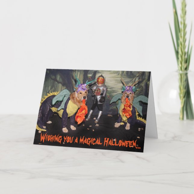 Tarjeta Dragones de Halloween del golden retriever (Anverso)