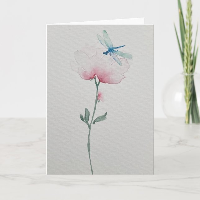 Tarjeta Dragonfly sobre la pintura de acuarela de flores (Anverso)
