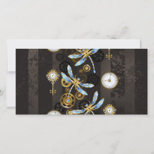 Tarjeta Dragoniscos de Steampunk sobre fondo rayado marrón