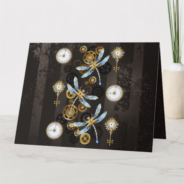 Tarjeta Dragoniscos de Steampunk sobre fondo rayado marrón (Anverso)