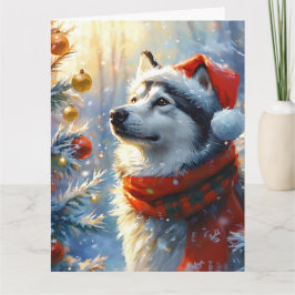 Tarjeta Dreamy Alaskan Malamute Navidades acuarela