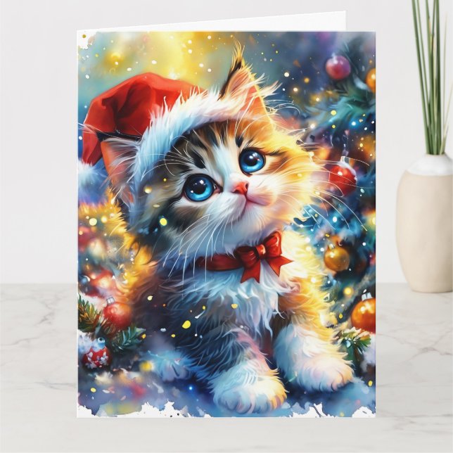 Tarjeta Dreamy Cute Kitten Navidades Watercolor (Anverso)