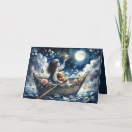 Tarjeta Dreamy Girl Rowing Boat Moonlit Fantasy Scene