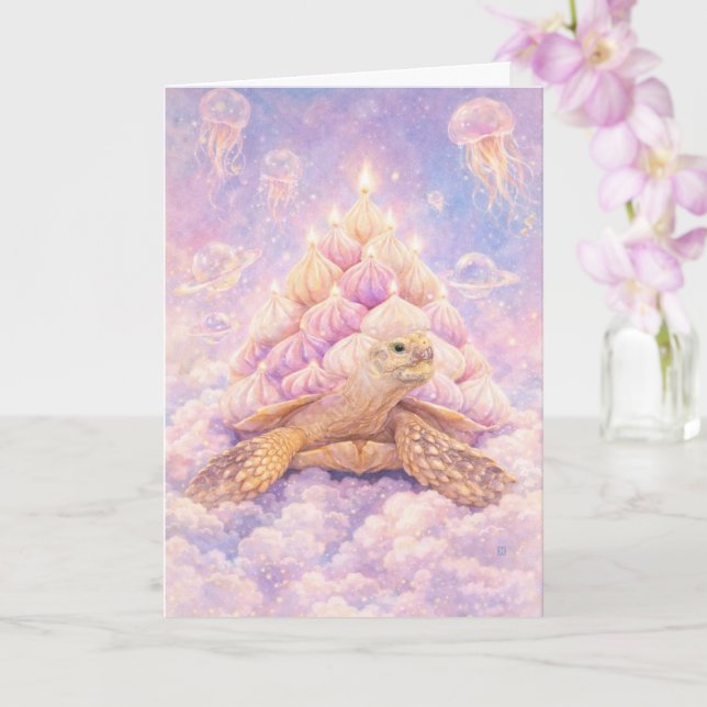 Tarjeta Dreamy Pastel Zefir Birthday turtle in clouds  (Orquídea)