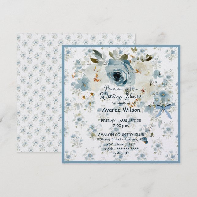 Tarjeta Ducha de Boda en Floral Azul (Anverso / Reverso)