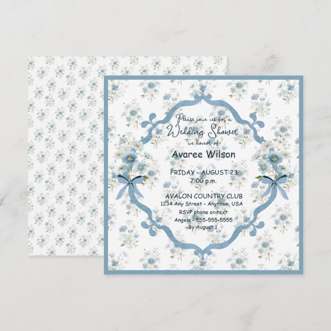 Tarjeta Ducha de Boda en Floral Azul (Anverso / Reverso)