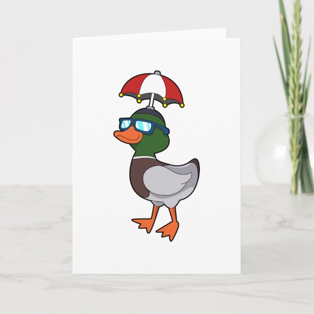 Tarjeta Duck en la lluvia con paraguas. PNG (Anverso)