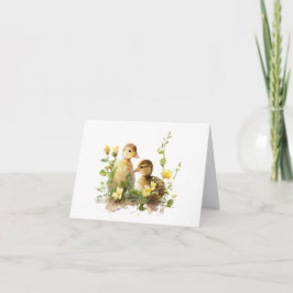 Tarjeta Ducklings con flores amarillas en BLANCO
