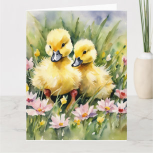 Tarjeta Ducklings de acuarela en Wildflower Meadow