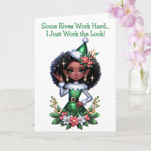 Tarjeta Duende de Navidad afroamericano glamoroso