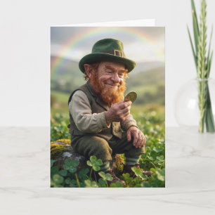 Tarjeta Duende del Día de San Patricio admirando una moned