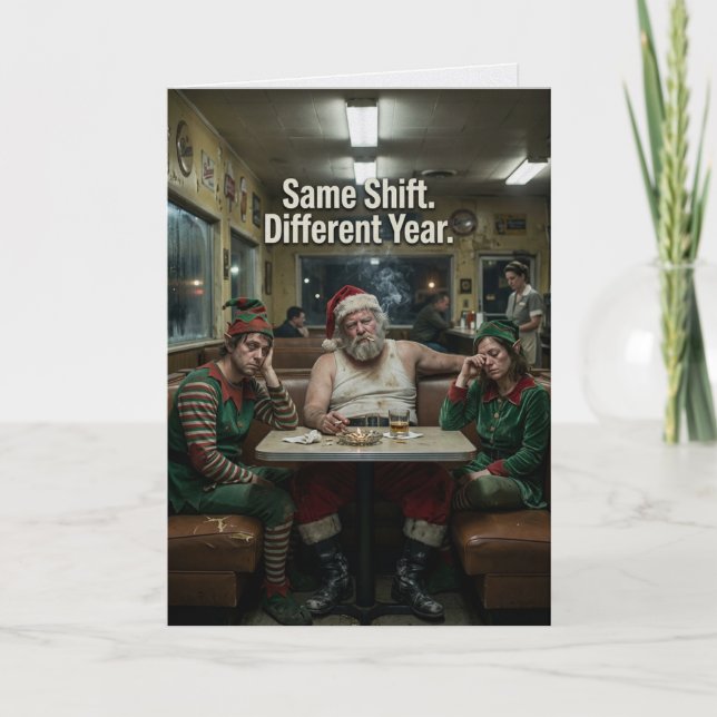 Tarjeta Duendes de Santa Desaliñados Restaurante Humor Osc (Anverso)