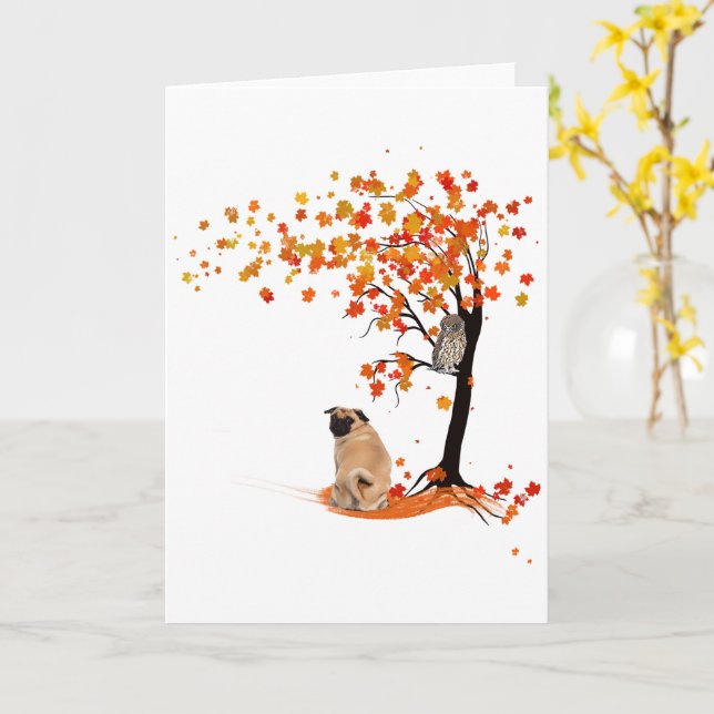 Tarjeta Dueño De Pug Owl Y Fall Tree Pug Funny Pug Otoño (flor amarilla)