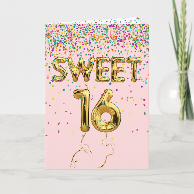 Tarjeta Dulce 16 globos y confetti en Rubor (Anverso)