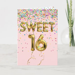 Tarjeta Dulce 16 globos y confetti en Rubor
