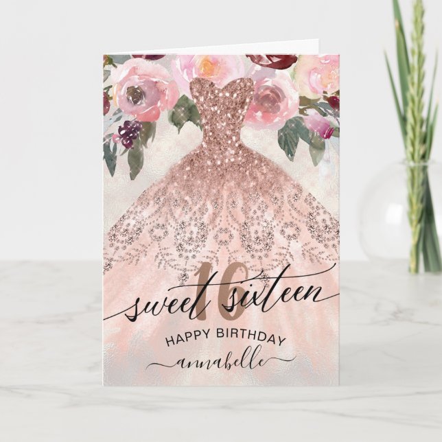 Tarjeta Dulce 16 Nacimiento Floral Rosa Gold Gown (Anverso)