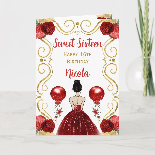 Tarjeta Dulce 16 Princesa de Cabello Marrón Roja Feliz cum (Anverso)