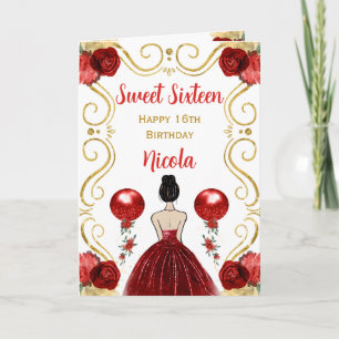 Tarjeta Dulce 16 Princesa de Cabello Marrón Roja Feliz cum
