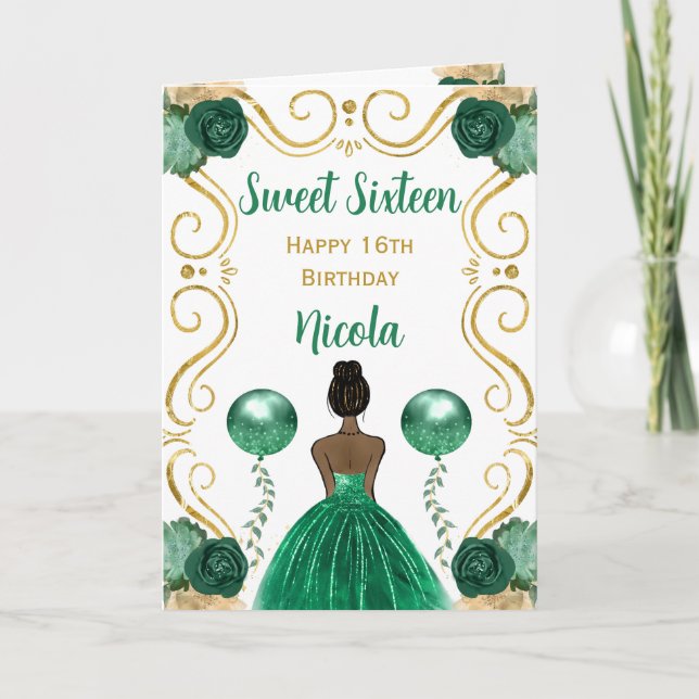 Tarjeta Dulce 16 Princesa de Piel Oscura Verde Feliz cumpl (Anverso)