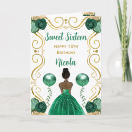Tarjeta Dulce 16 Princesa de Piel Oscura Verde Feliz cumpl