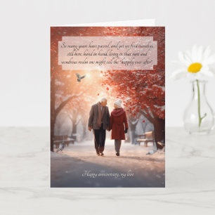 Tarjeta Dulce aniversario de pareja mayor en otoño nevado