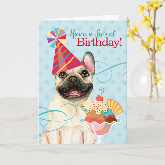 Tarjeta Dulce Bulldog francés de cumpleaños (flor amarilla)