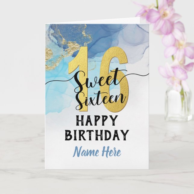 Tarjeta Dulce Dieciséis 16 cumpleaños acuarela Azul y oro (Orquídea)