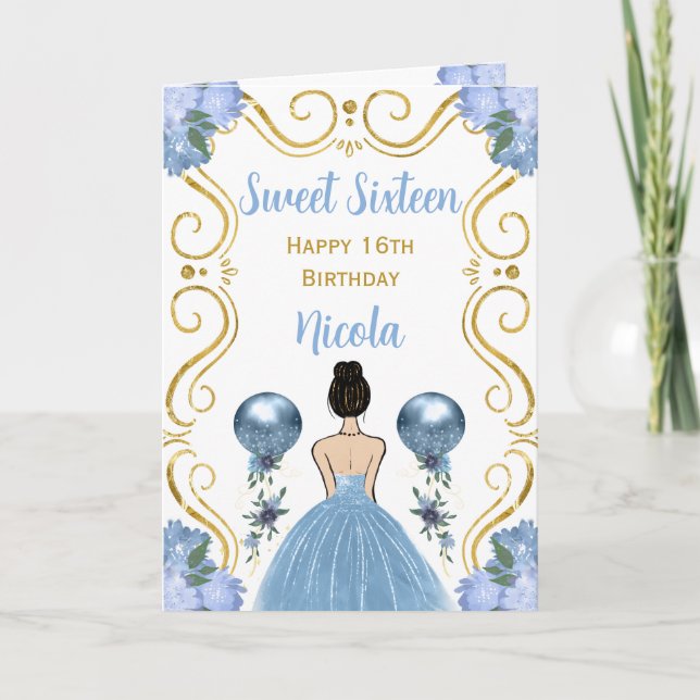 Tarjeta Dulce Dieciséis Pelo Marrón Princesa Azul Cumpleañ (Anverso)