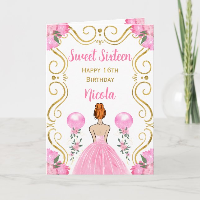 Tarjeta Dulce Dieciséis Princesa de Cabello Rojo Cumpleaño (Anverso)