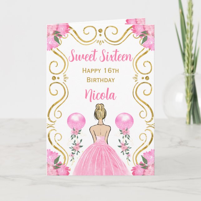 Tarjeta Dulce Dieciséis princesa rubia rosa feliz cumpleañ (Anverso)