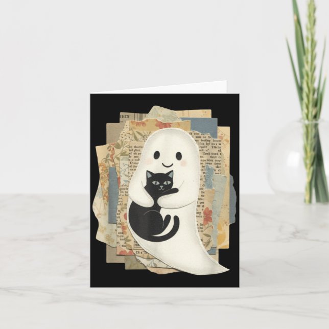 Tarjeta Dulce Fantasma Abrazando Gato Negro Halloween (Anverso)