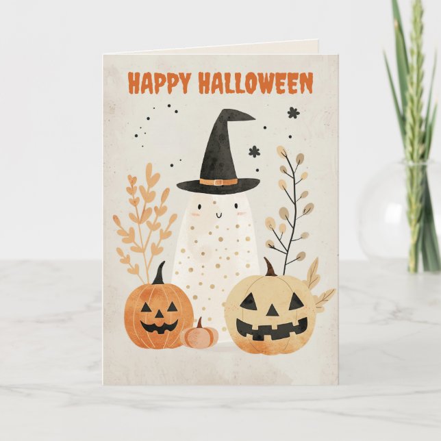Tarjeta Dulce Fantasma con Calabazas de Halloween Feliz Ha (Anverso)