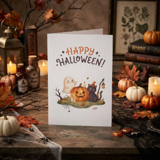 Tarjeta Dulce fantasma de Halloween, gato y calabaza