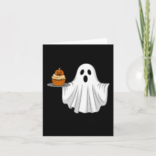 Tarjeta Dulce Fantasma de Halloween Sosteniendo Cupcake de