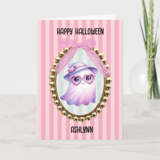 Tarjeta Dulce Fantasma Rosa Halloween (Anverso)