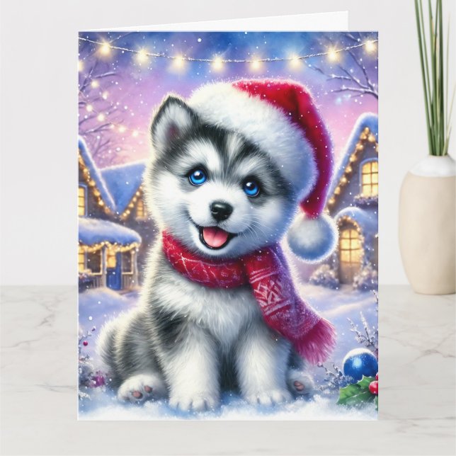 Tarjeta Dulce Husky cachorro en aldea de Navidades (Anverso)
