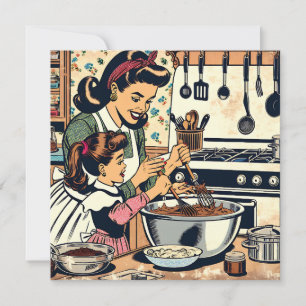 Tarjeta Dulce madre retro y su hija horneando juntas