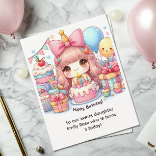 Tarjeta Dulce niña con lazo estilo Kawaii de cumpleaños