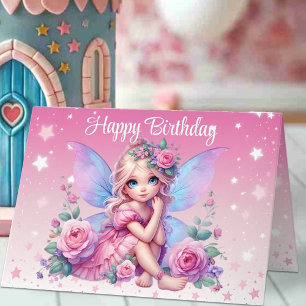 Tarjeta Dulce niña de hadas con rosas rosadas Feliz Cumple