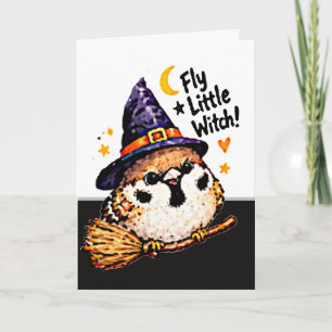 Tarjeta Dulce pájaro gorrión Chibi Halloween bruja diverti