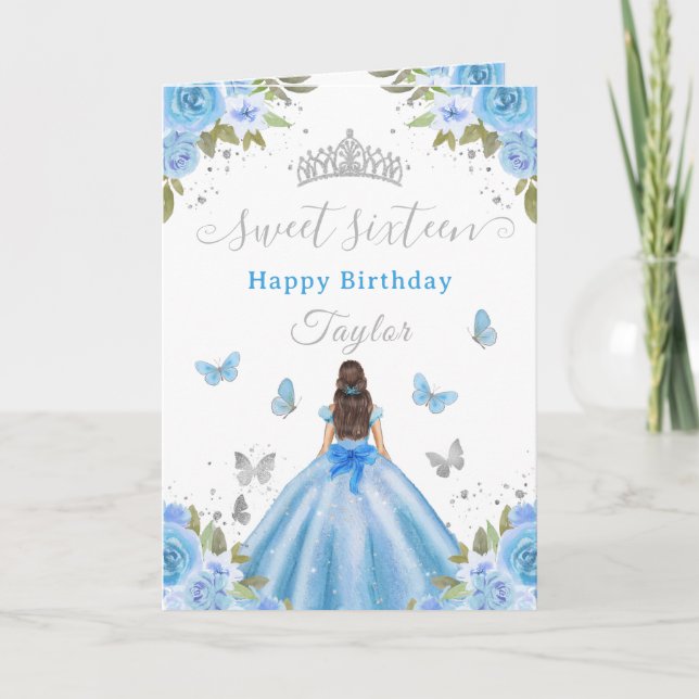 Tarjeta Dulce Princesa Azul Morena de 16 años (Anverso)