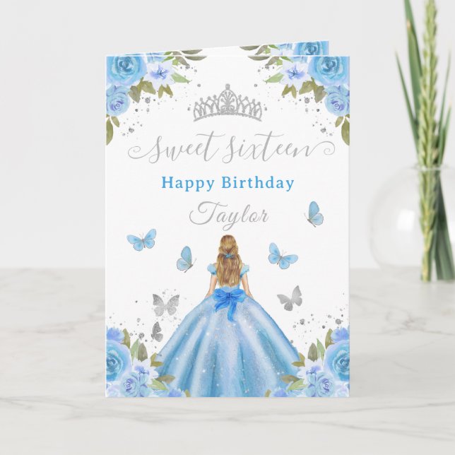 Tarjeta Dulce Princesa Rubia de 16 Años Azul (Anverso)