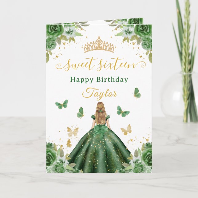 Tarjeta Dulce Princesa Verde Rubia de 16 años (Anverso)