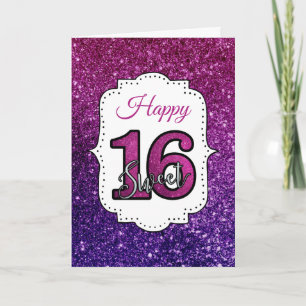 Tarjeta Dulce rosado y morado 16 Gemas Purpurinas espumoso