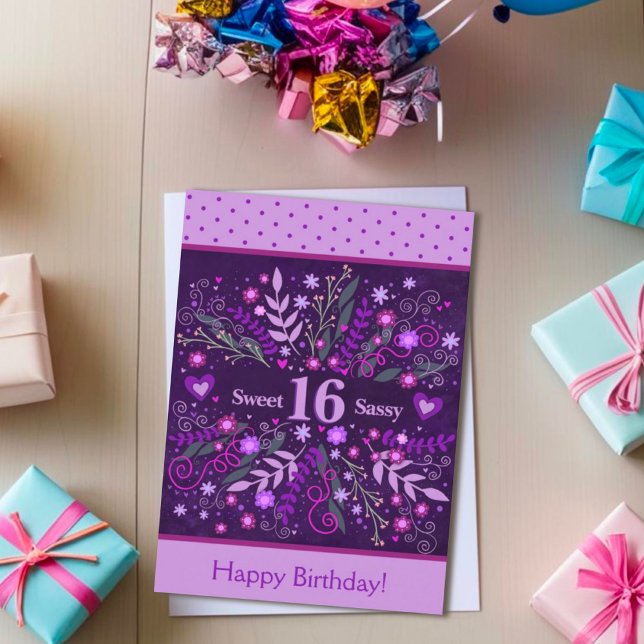 Tarjeta Dulce Sassy 16 Cumpleaños Floral Morada Inespiriti (Subido por el creador)