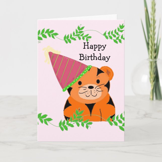 Tarjeta Dulce Tigre con un Sombrero de Cumpleaños (Anverso)