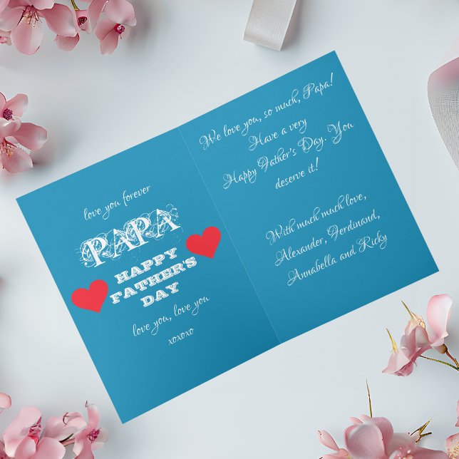 Tarjeta Dulce y amoroso Día de los Padres Rojos Blancos Az (Show him how much the family cares with this Gushy Sweet & Loving Blue & White with Red Hearts Card.)