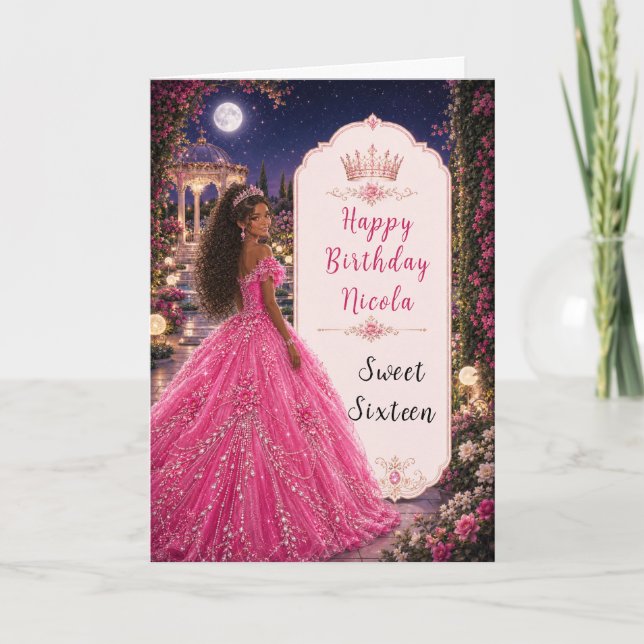 Tarjeta Dulces 16 años Princesa Real Rosa (Anverso)