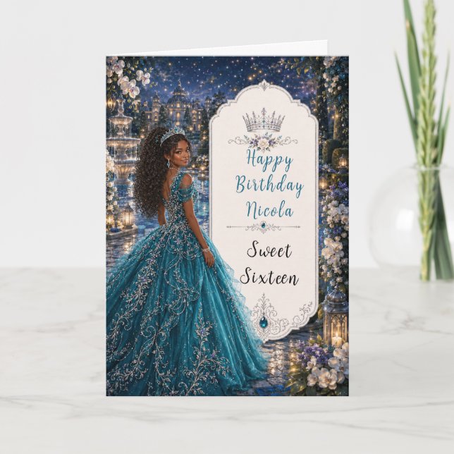 Tarjeta Dulces 16 Cumpleaños Princesa Baile Azul Turquesa (Anverso)