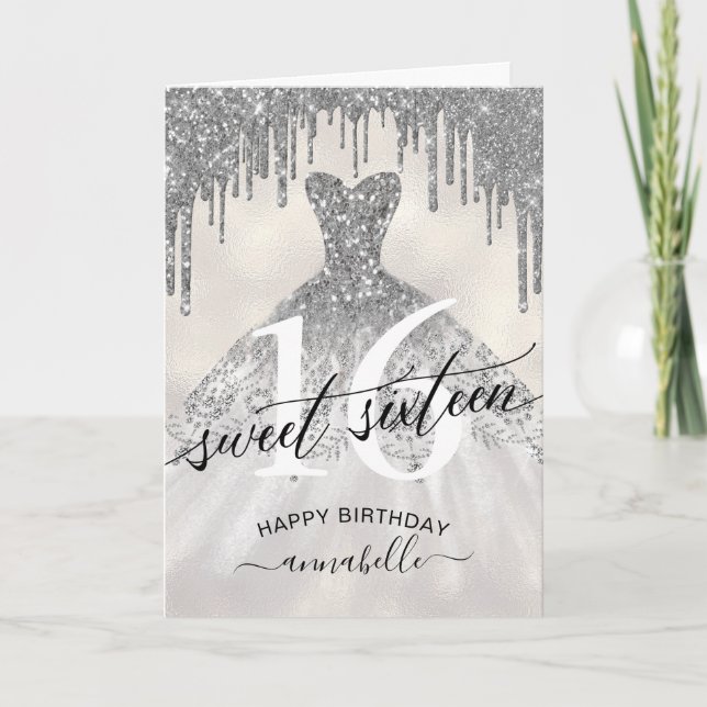 Tarjeta Dulces 16 Perforaciones Purpurinas Plata de Cumple (Anverso)